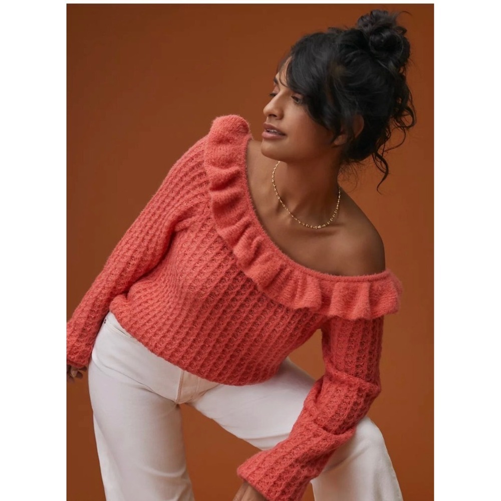 Anthropologie Coral Pink Ruffled Off-the-Shoulder Wool Blend Knit Sweater XS